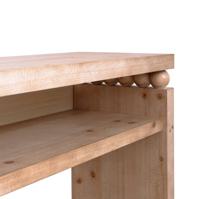 59" Natural Wood Console Table with Semi Open Shelf and Bead Detailing