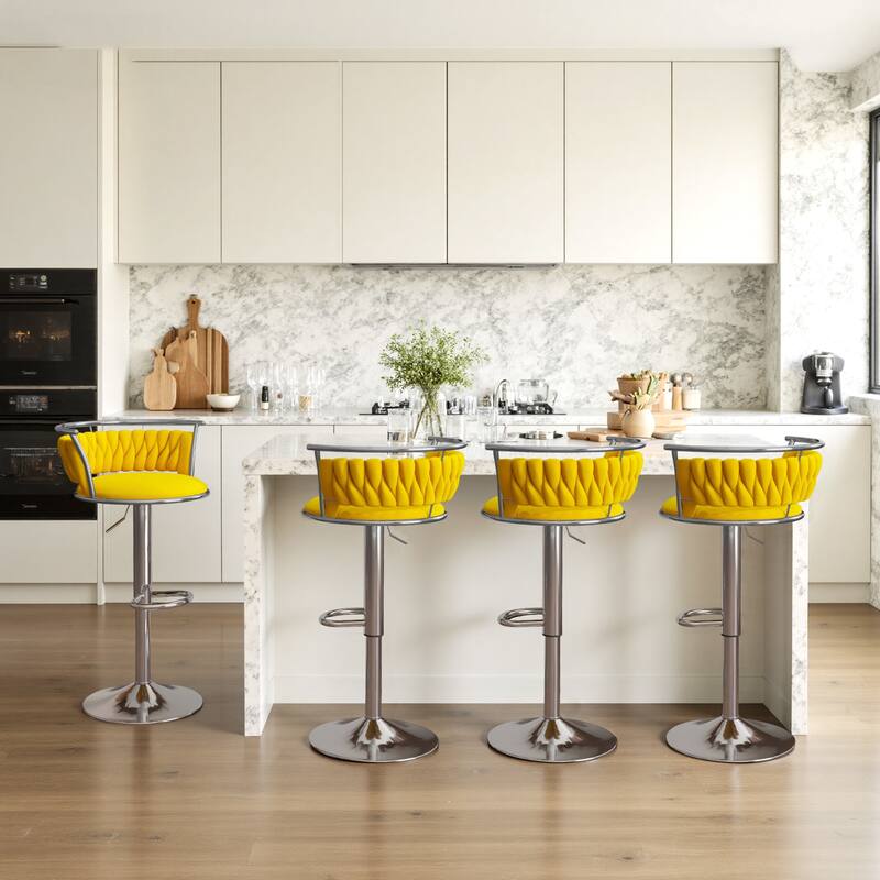 Velvet Upholstered Adjustable Bar Stool Swivel Counter Chair Set of 2 - Yellow/Silver - Set of 4