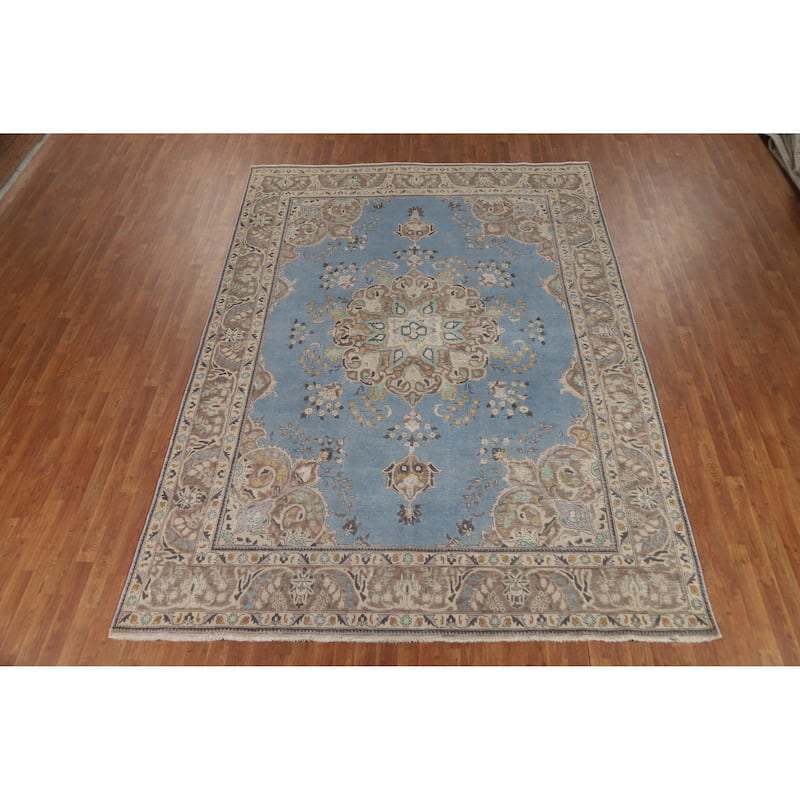 Blue Tabriz Persian Vintage Area Rug Handmade Bedroom Wool Carpet - 8'1" x 11'4"