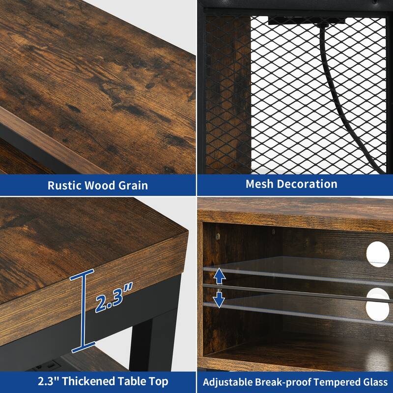 Industrial Wood TV Stand with LED Light with Open Storage Shelves Power Outlets Bluetooth Remote