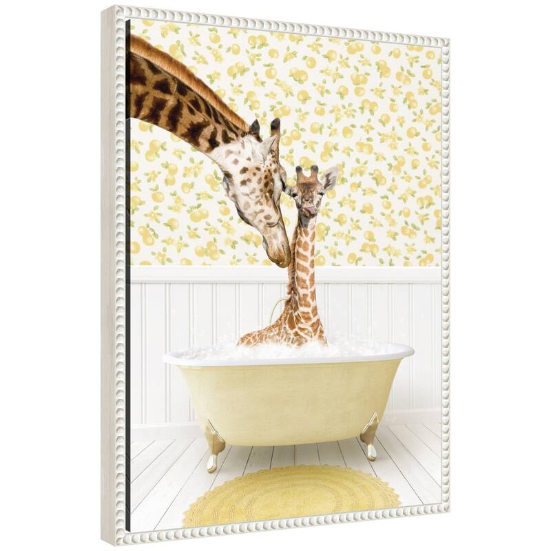 Kate and Laurel Sylvie Mother and Baby Giraffe in Cottage Yellow Bathtub Framed Canvas by Amy Peterson - White
