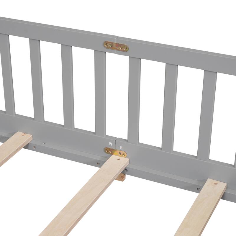 Queen size Floor Platform Bed with Fence Guardrails and Door