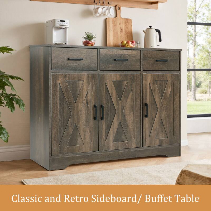 Barn Door Buffets Storage Cabinet Sideboards with 3 Drawers