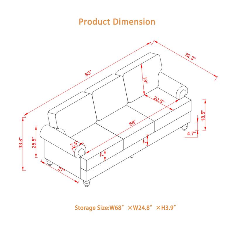 83" Modern Classic Design With Nails Sofa Leather Couch,Upholstered Imitation Cowhide Leather