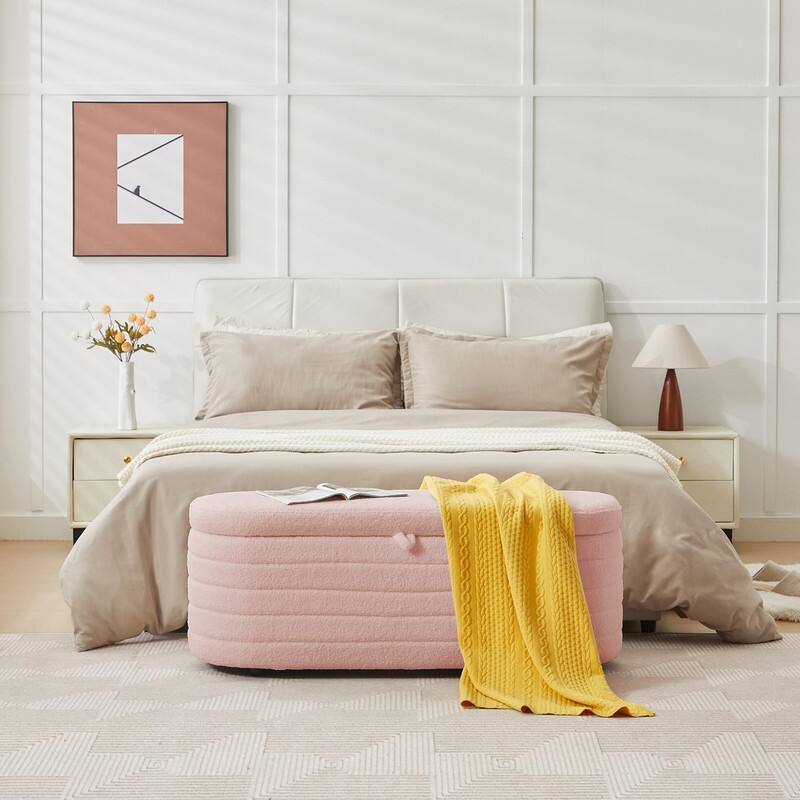 45" White Teddy Storage Ottoman Bench for Living Room Bedroom,Oval Sherpa Storage Bench Ottoman Foot Rest Anti-slip Legs