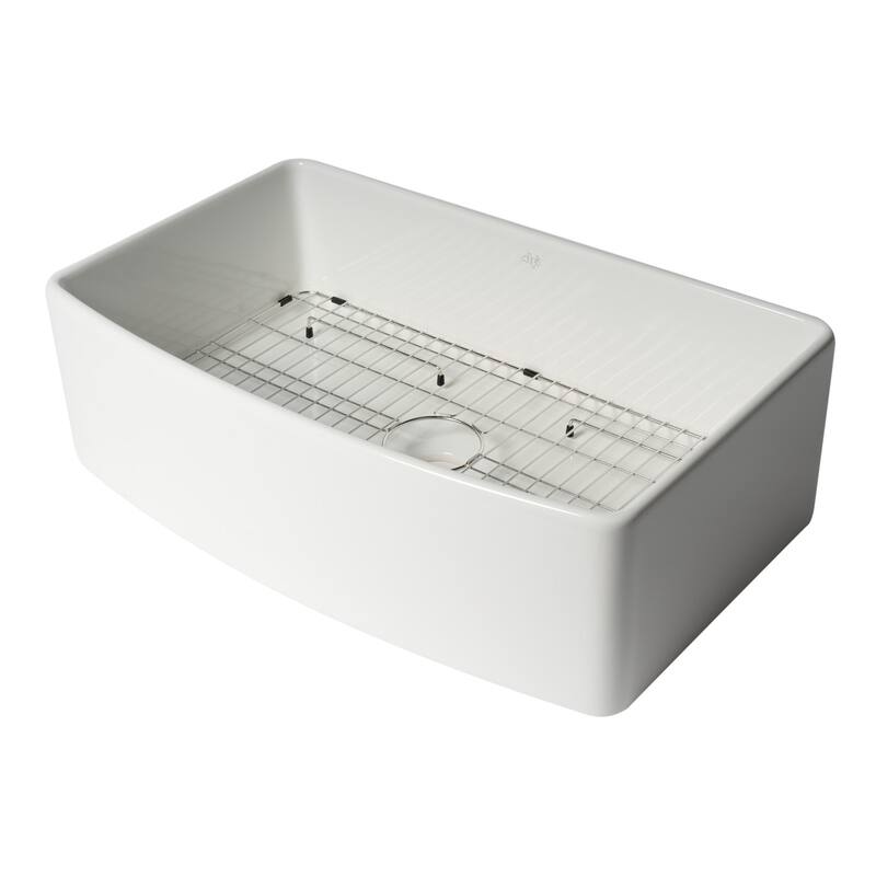 ALFI Brand White Smooth Curved Apron 33" x 20" Single Bowl Fireclay Farm Sink with Grid