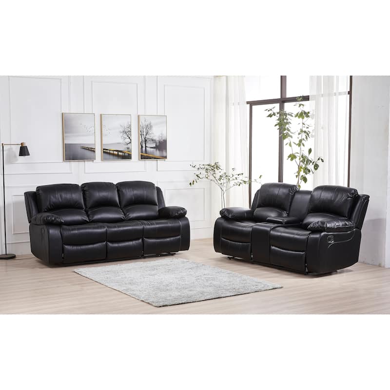 Betsy Furniture 2 Piece Bonded Leather Reclining Living Room Set, Sofa and Loveseat - Black