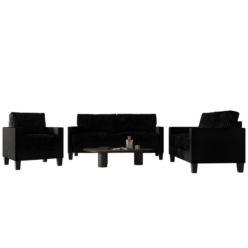 CraftPorch Corduroy Mid-Century Modern Velvet Upholstered 3-Piece Living Room Set - Black
