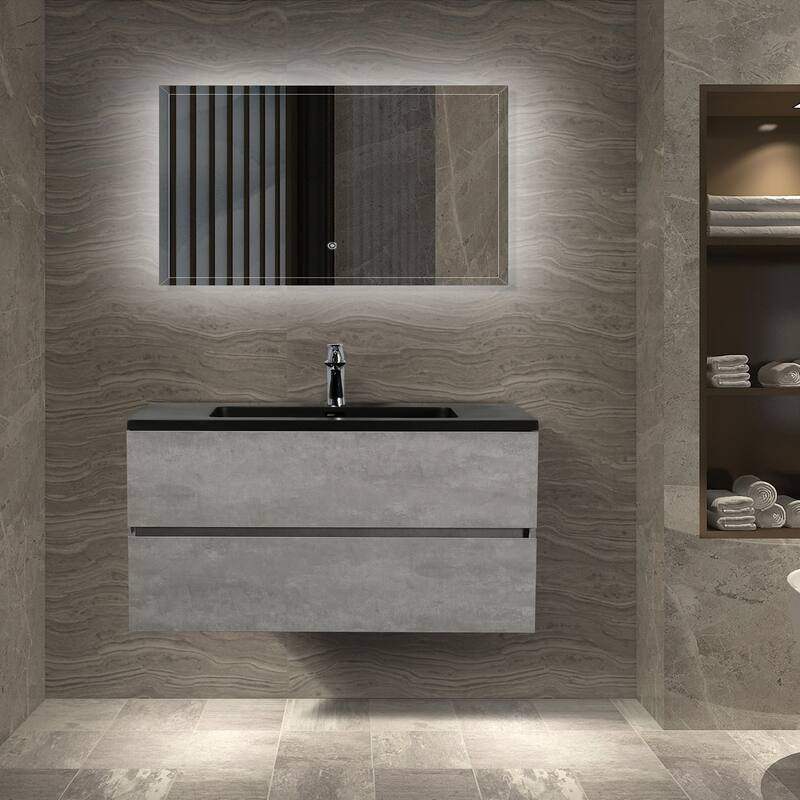RupheonD 36" 48" Cement Grey Bathroom Vanity with Black Quartz Top