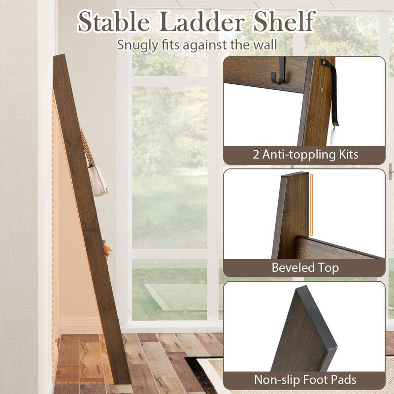Brown Wicker Metal Ladder Bookshelf 5-Tier Towel Rack with Hooks and Anti-Tip Straps - 17" L x 3" W x 58.5" H