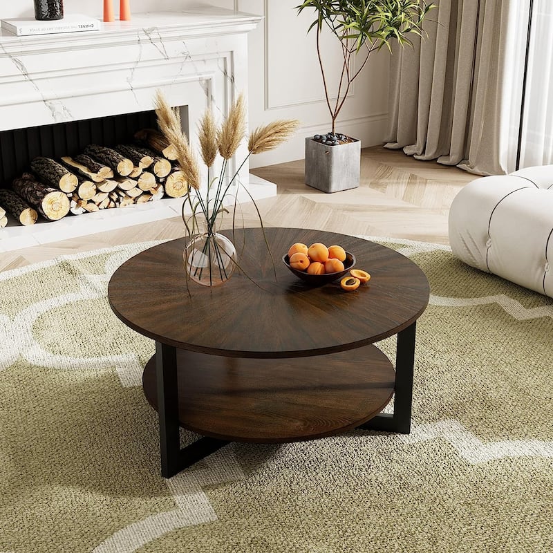 Round Coffee Table with Solid Wood Storage Circle Center Table - Coffee Table - Rustic Brown