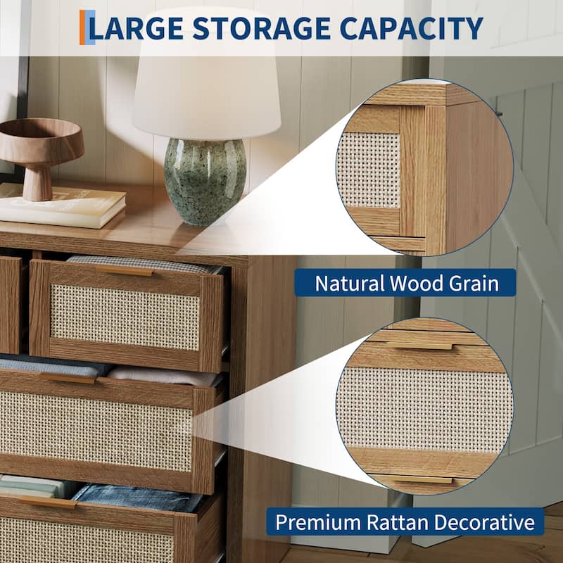 7 Drawers Dresser, 52" Wide Rattan Dresser Modern Chest of Drawers with Metal Handle, Wood Closet Storage Organizer