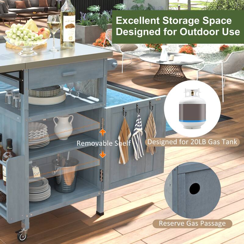 40.5" Outdoor Grill Cart with Stainless Steel Top, Drop Leaf, One Drawer, Towel Rack, Rolling Kitchen Cart with Lockable Wheels