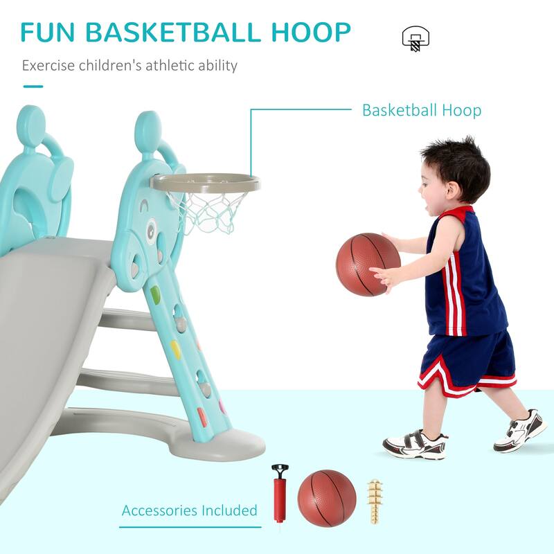 Qaba 2 in 1 Kids Slide w/ Basketball Hoop for 18 months to 4 Years, Blue & Gray - 55" x 34.25" x 29.5"