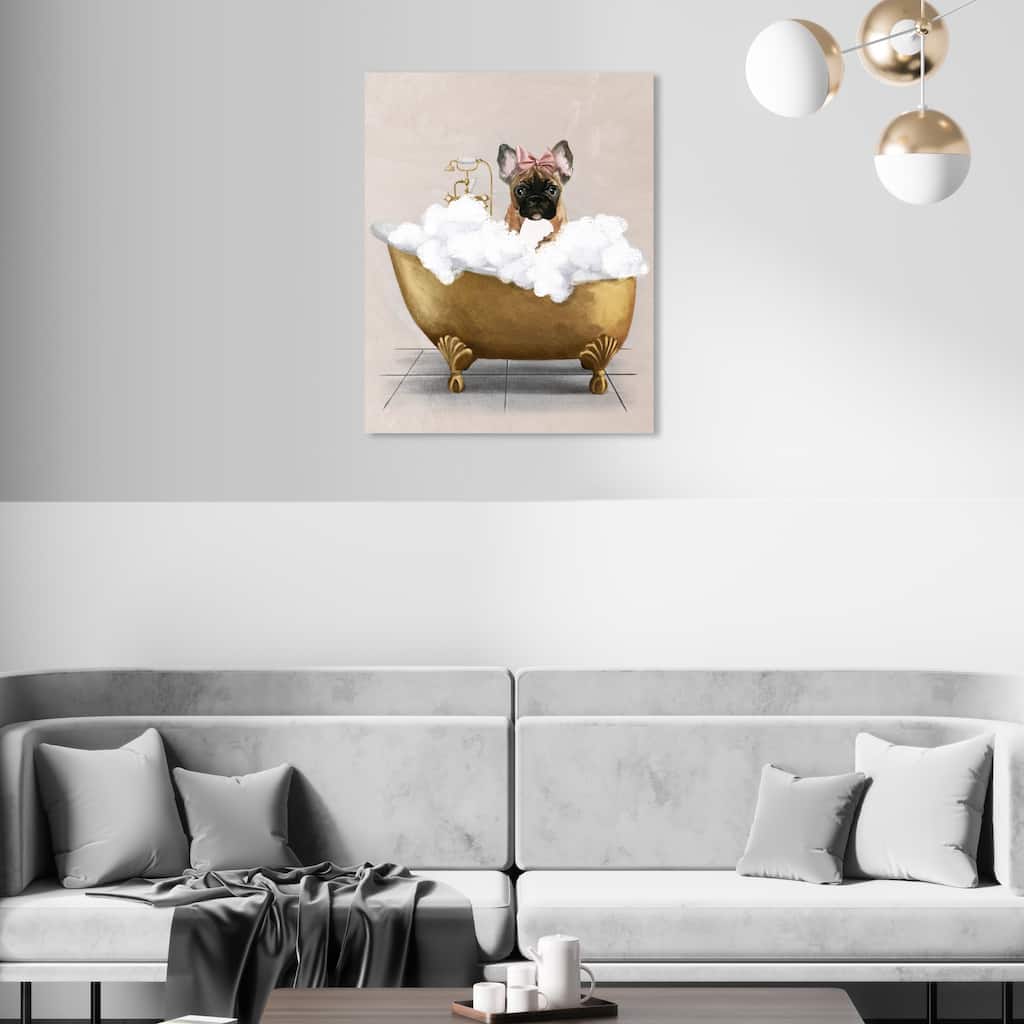 Oliver Gal Bath and Laundry Bathtub Frenchie Gold and Metallic Gold Glam Wall Art Canvas Print