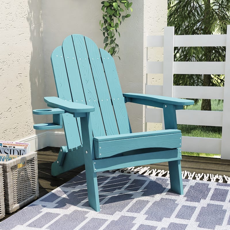 Eco-Friendly Patio Folding HDPS Plastic Outdoor Adirondack Chairs With Cup Holder - 35"D x 30"W x 36.2"H - Lake Blue