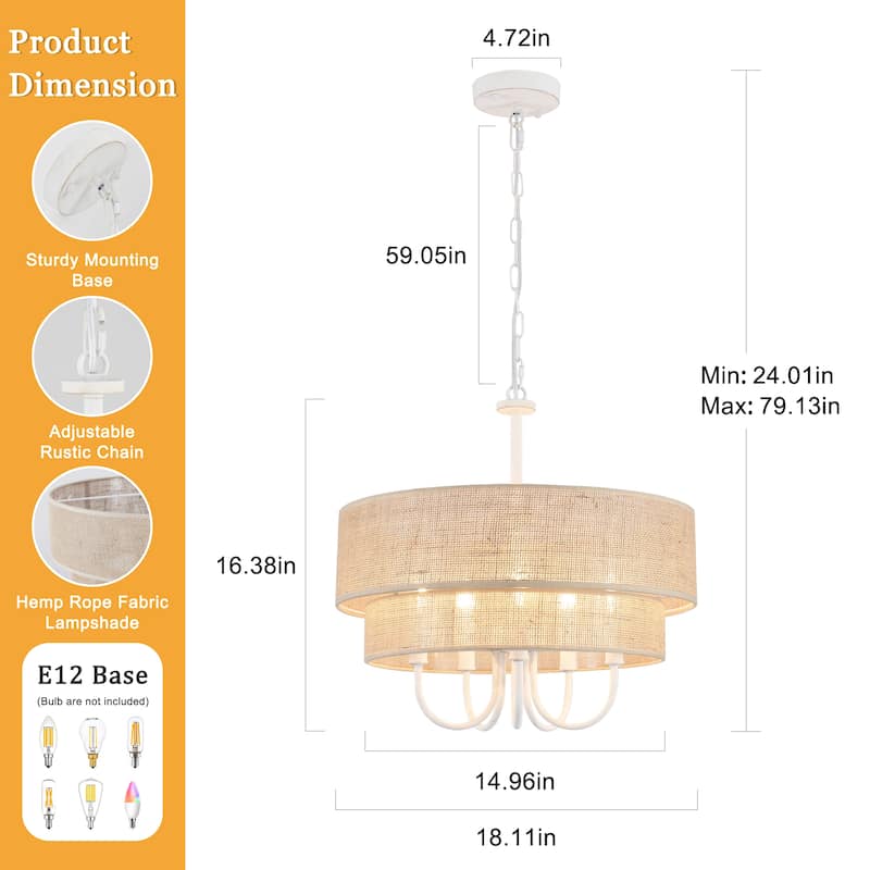 18.1-in 5-Light Farmhouse Rattan Pendant Light with 2-Tier Hand-Woven Drum Shade for multiple rooms