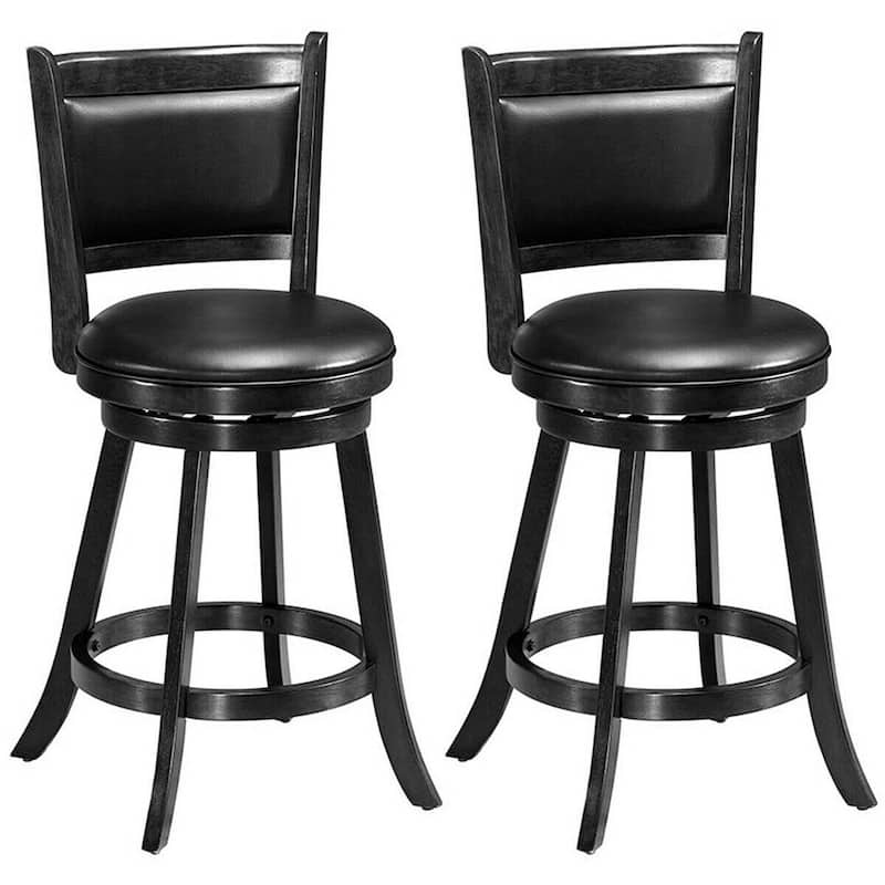 Set of 2 24" Swivel Counter Upholstered Seat Wooden Dining Chairs - 17.5'' x 19'' x 38'' (W x D x H) - Black
