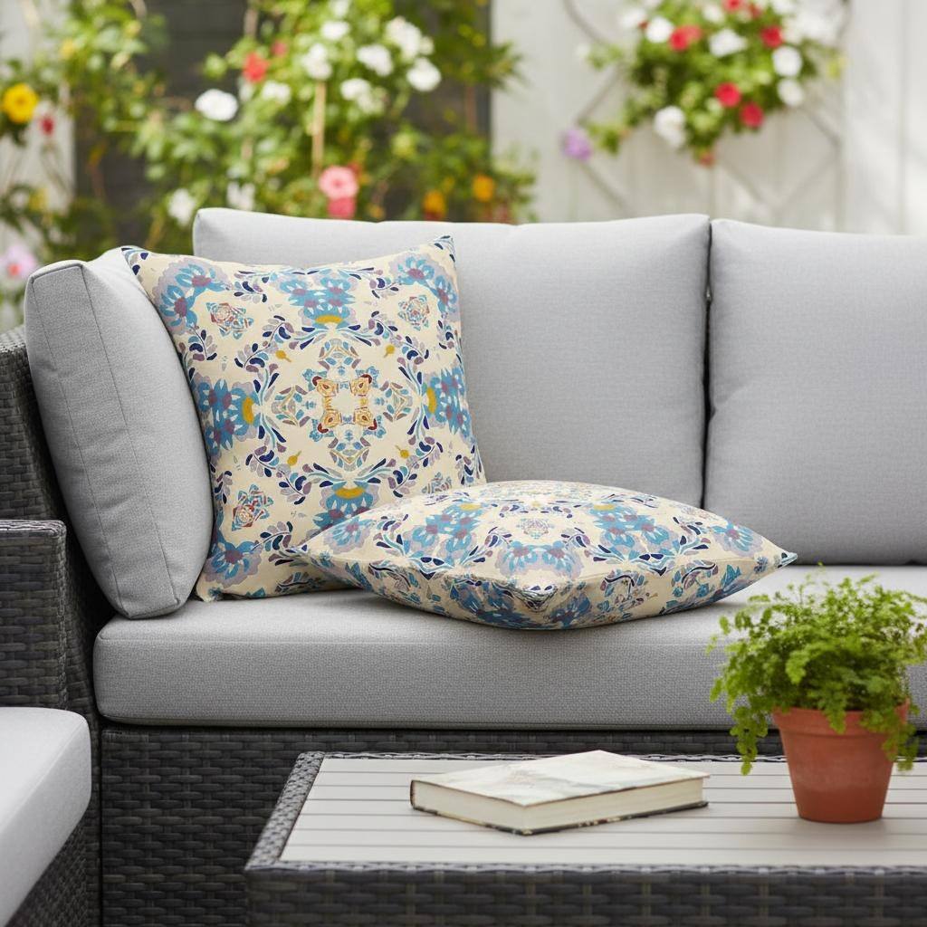 HomeRoots Set of Two 16" X 16" Blue and Off White Blown Seam Eclectic Indoor Outdoor Throw Pillow - 16.00' X '16.00' X '5.00