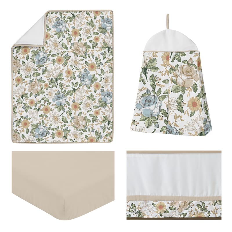 Vintage Floral Blue Yellow 4pc Nursery Crib Bedding Set Slate Green Gold Orange Taupe White Shabby Chic Flower Boho Bohemian
