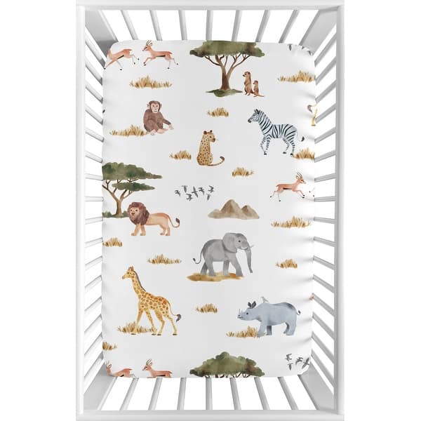 slide 2 of 6, Fitted Mini Portable Crib Sheet Jungle Animals Portable Crib Pack and Play Green Black and White Safari Elephant Giraffe Lion