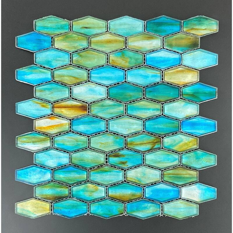 Iridescent 1 1/4" x 2" Long Hexagon Glass Tile - Case (10 Sheets) - Lagoon