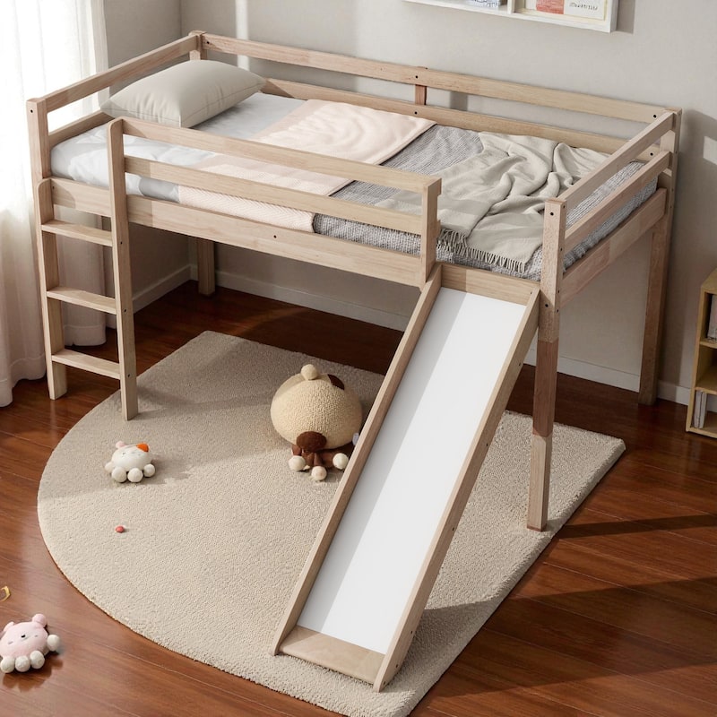 Twin Low Loft Bed with Slide and Ladder, Solid Rubber Wood Loft Bed with Guardrails and Underbed Play or Storage Space