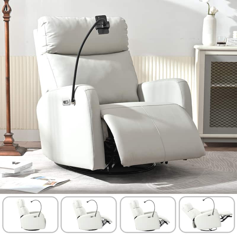 Grey Swivel Rocking Recliner with USB, Power Recline, and Overstuffed Comfort