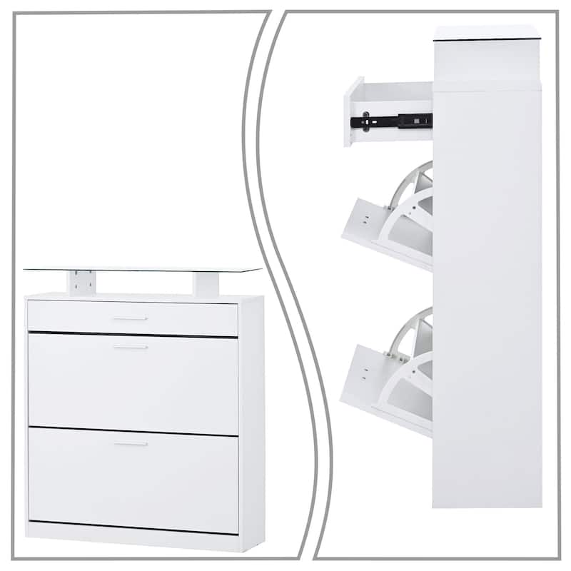 Wooden Shoe Storage Cabinet with Glass Top and LED Light Clamps