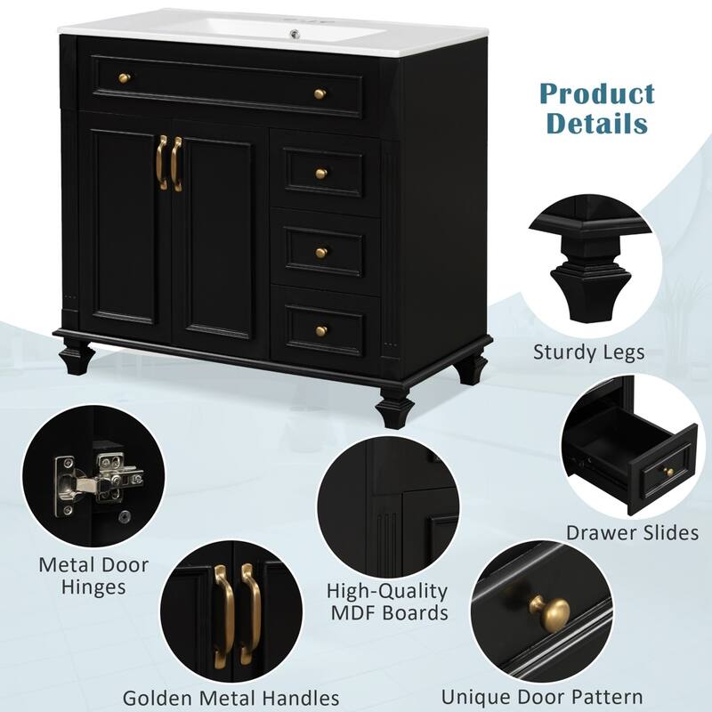 36" Bath Vanity,Flip-Out Drawer 3 Drawers 2 Doors,Engineered Wood Gold