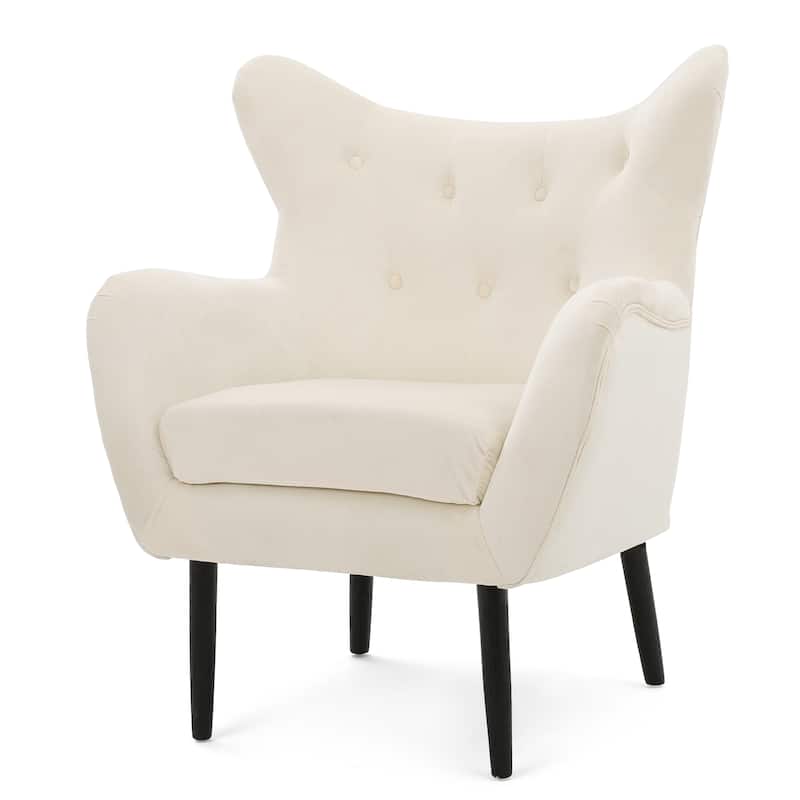 Ivory Modern 34.25" Velvet Upholstered Button Tufted Arm Chair with Solid Oak Wood Frame and Gently Curved Wingback