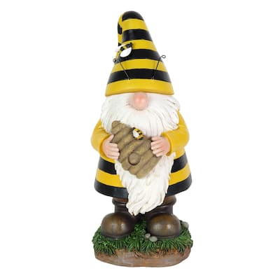 Exhart Solar Beekeeper Garden Gnome with Bee Hive Statuary, 5.5 by 12.5 Inches