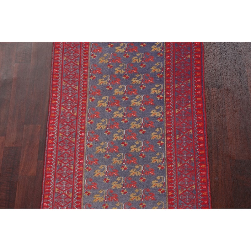 Hand Knotted Oriental 100% Wool Carpet Traditional Floral Navy Blue & Blues Balouch Runner Rug - 9' 5'' X 2' 8''