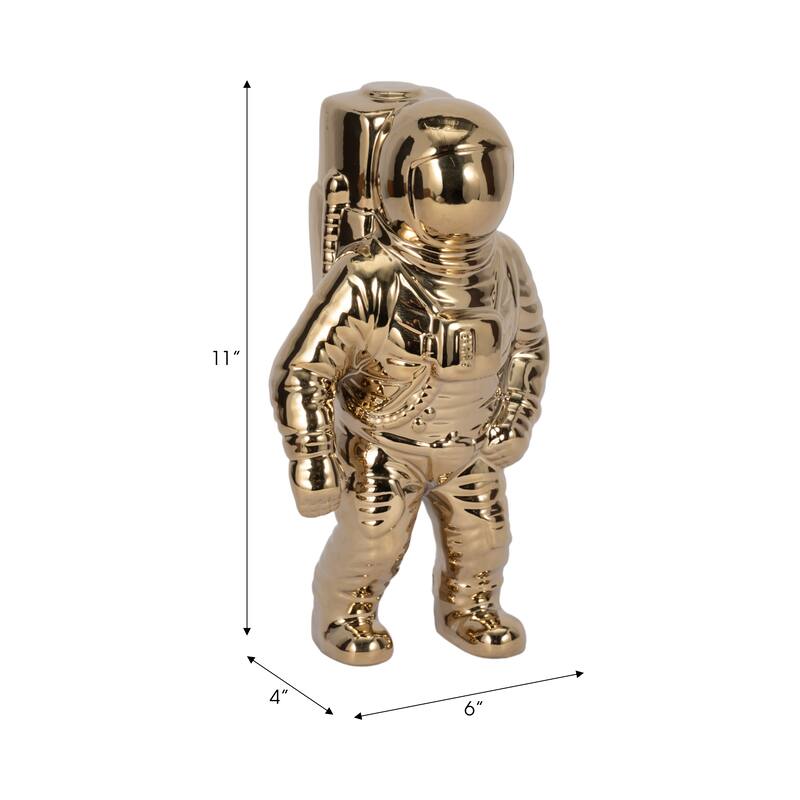 11" Ceramic Astronaut Sculpture Contemporary Modern Metallic Statuette Table Decor For Home or Office Space - 6" x 4" x 11"