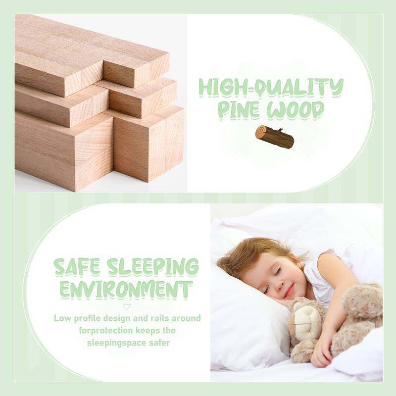 Queen Size Pine Wood Floor Bed with Safety Guardrails and Door for Kids, Boys, Girls, Bedroom