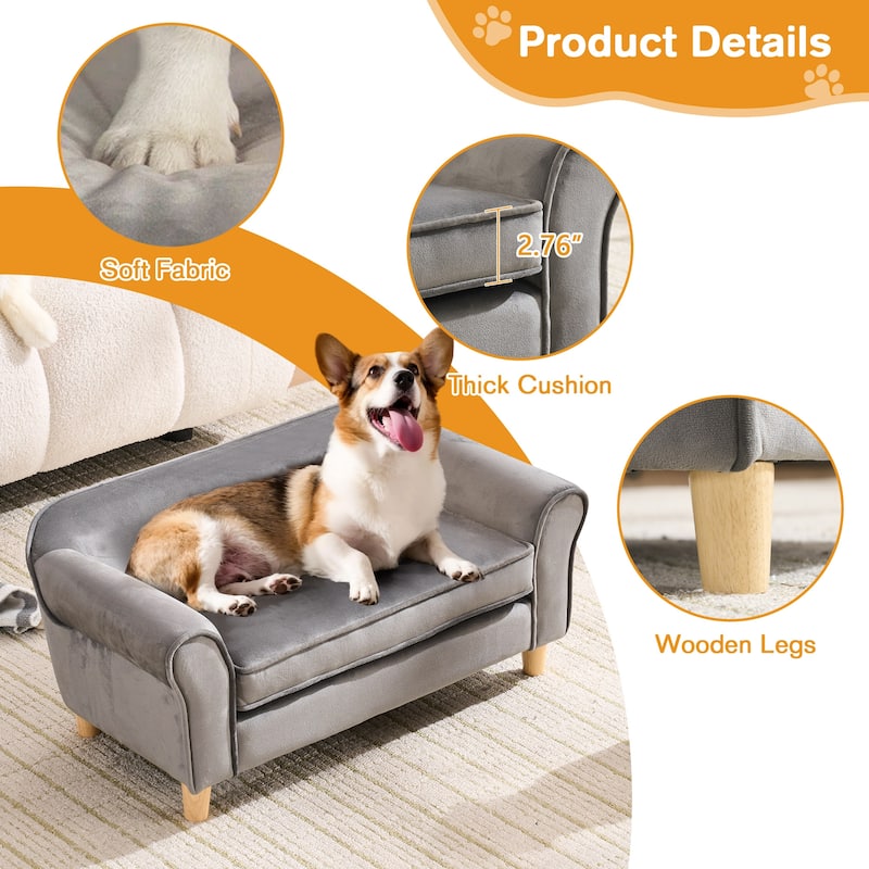 20.67" x 12" x 2.76" Pet Sofa Bed, Grey Velvet Cat Bed and Small Dog Couch with Rubberwood Legs