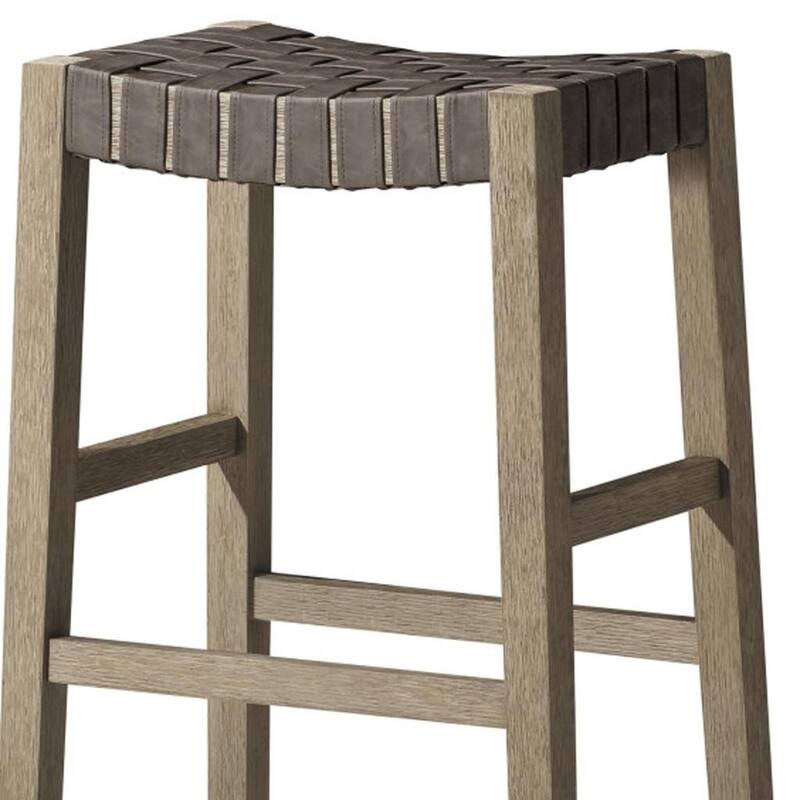 HomeRoots 31" Stone and Gray Faux Leather and Solid Wood Backless Bar Height Bar Chair