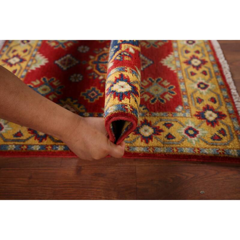 Geometric Red Kazak Oriental Accent Rug Hand-Knotted Wool Carpet - 2'0" x 3'0"