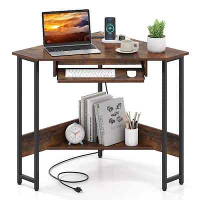 Costway Triangle Corner Computer Desk w/ Charging Station Keyboard