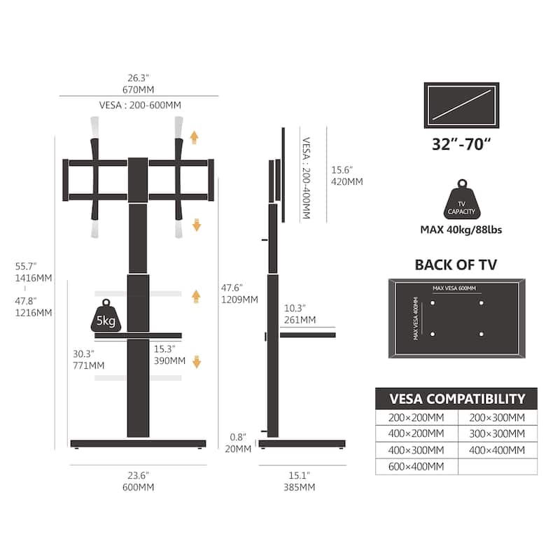 FITUEYES Sturdy Wood Bas Floor Stand TV Mount for 32-70 inch TVs with One Shelf