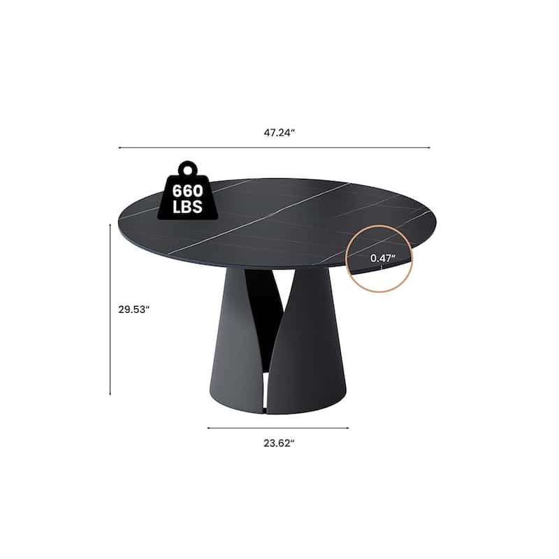 Modern Round White Dining Table，Sintered Stone Tabletop, Solid Black Carbon Steel Base