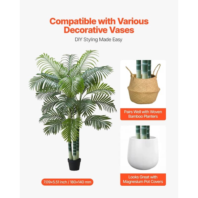 Thick-Trunk Areca Palm Artificial Tree with Green Leaves in White Planter for Home or Office Decor