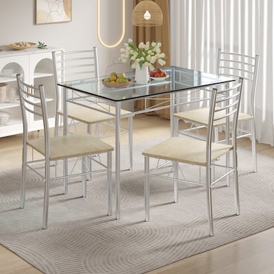 5-pieces Modern Dining Sets,Tempered Glass Table Top and 4 PU Chairs
