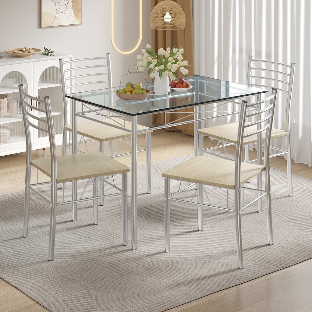 5-pieces Modern Dining Sets,Tempered Glass Table Top and 4 PU Chairs