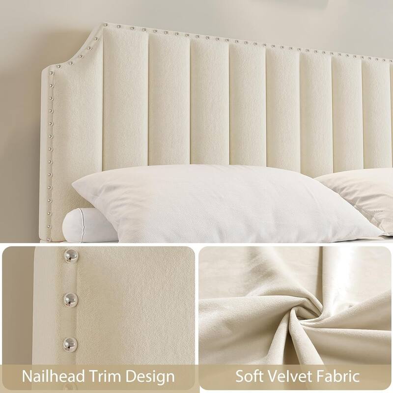 Queen/ King Size Velvet Bed Frame, 50.2" Tall Headboard & Footboard, Upholstered Platform Bed Frame No Box Spring Needed