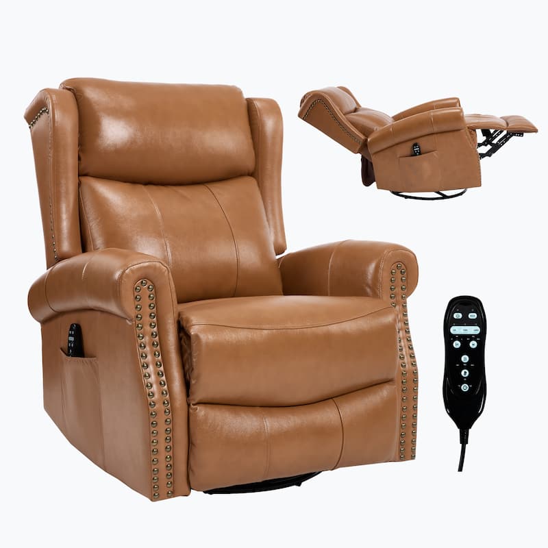360° Swivel Rocking Recliner with Heat & Massage, Genuine Leather
