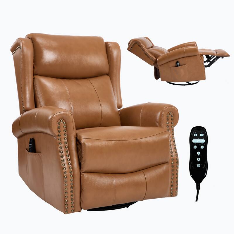 Manual Recliner Chair with Heat & Massage, Genuine Leather Swivel Recliner Chair, Lounge Sofa Chair with Side Pockets
