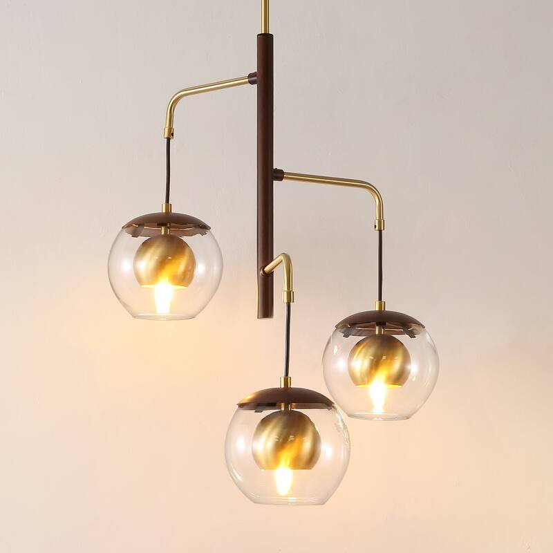 SAFAVIEH Lighting Bernie Extendable Pendant - 20 In. W x 20 In. D x 38-68 In. H - Brown Wood Finish/Brass Gold - 20Wx20Dx68H