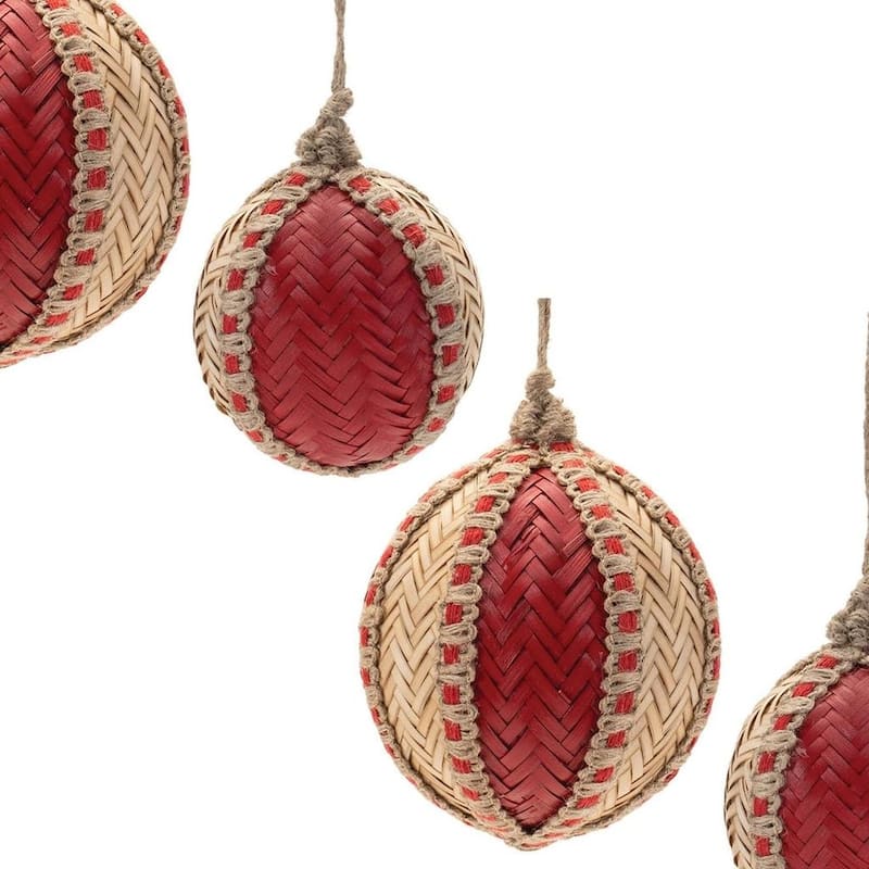 HomeRoots Set of Four Red And Natural Woven Bamboo Ball Ornaments