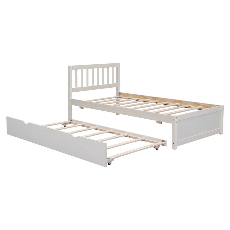Modern Wooden Twin Size Platform Bed Frame with Trundle Bed, Slats